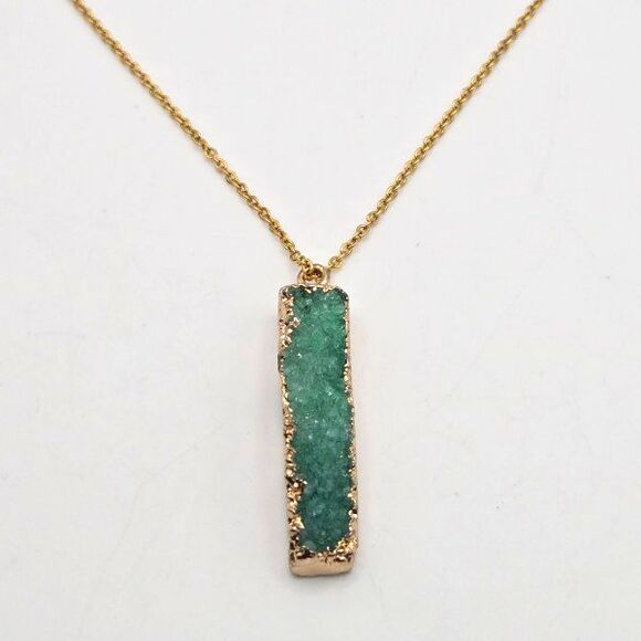 Seafoam Green Grystal Druzy Bar Pendant Necklace 17" Gold Tone Cable Chain - Picture 5 of 5